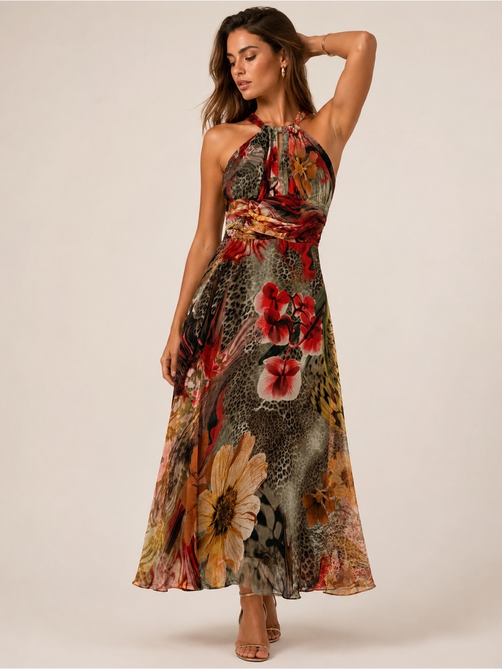 Vintage Y2K Animal Print Floral Mesh Halter Midi Dress Ruched Boho Glam Dress